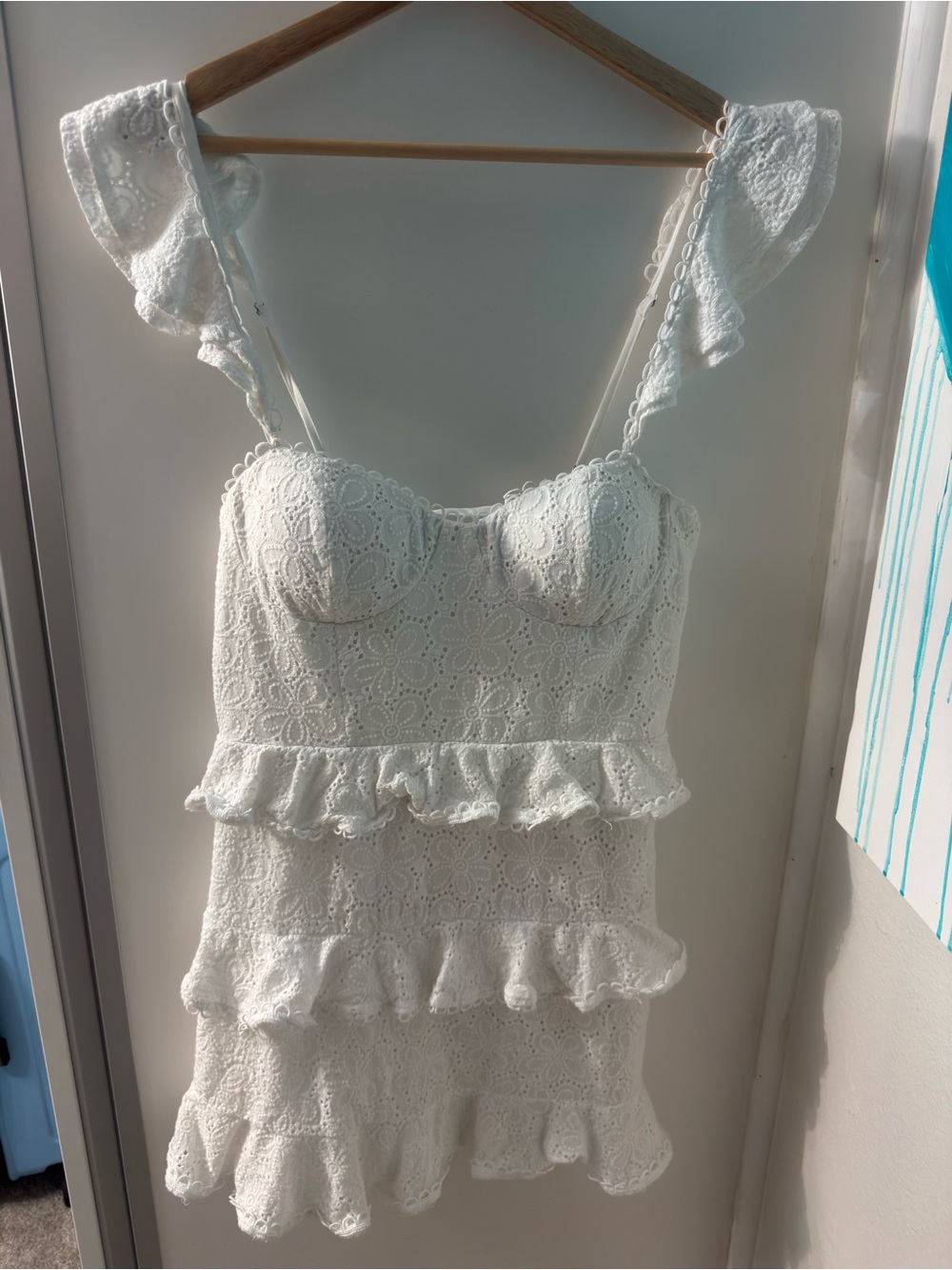 MABLE White Eyelet Ruffle Mini Dress with Sweetheart Neckline